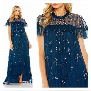 Mac Duggal 9262 NWOT High Neck Embellished Gown in Ocean Blue